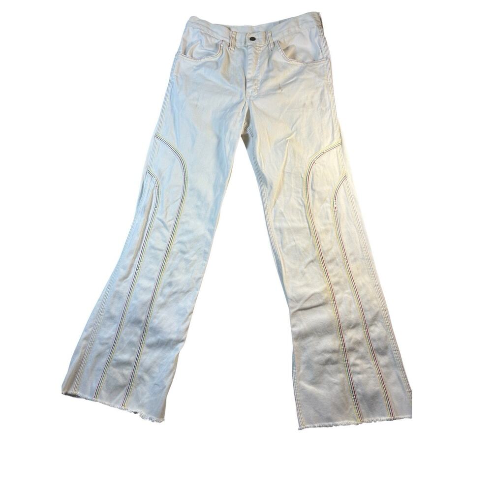 Vintage 70s Cheap Jeans Retro Disco Western Pants Rainbow Stitching 28x28 White